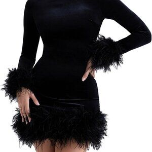 Women Velvet Mini Dress Long Sleeve Feather Trim Crew Neck Party